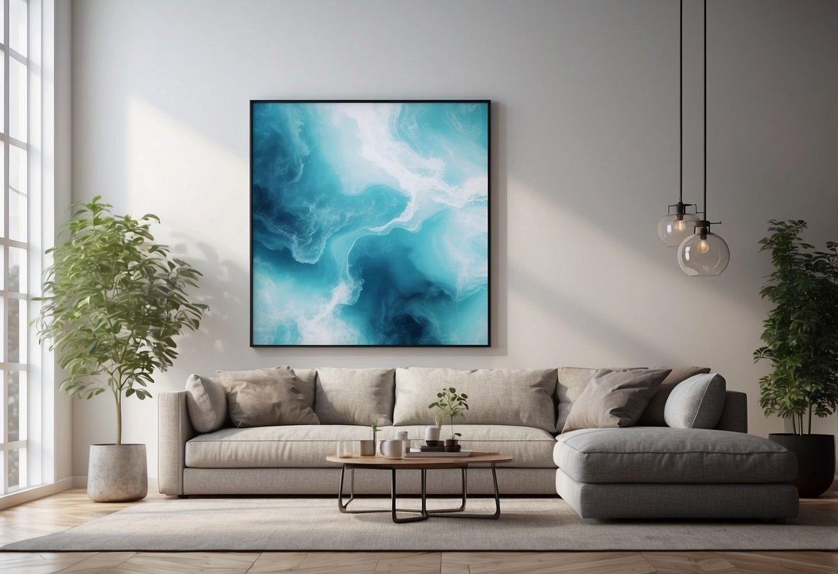 A sky blue abstract wall art hangs in a minimalist room with white home decor, creating a serene and modern atmosphere