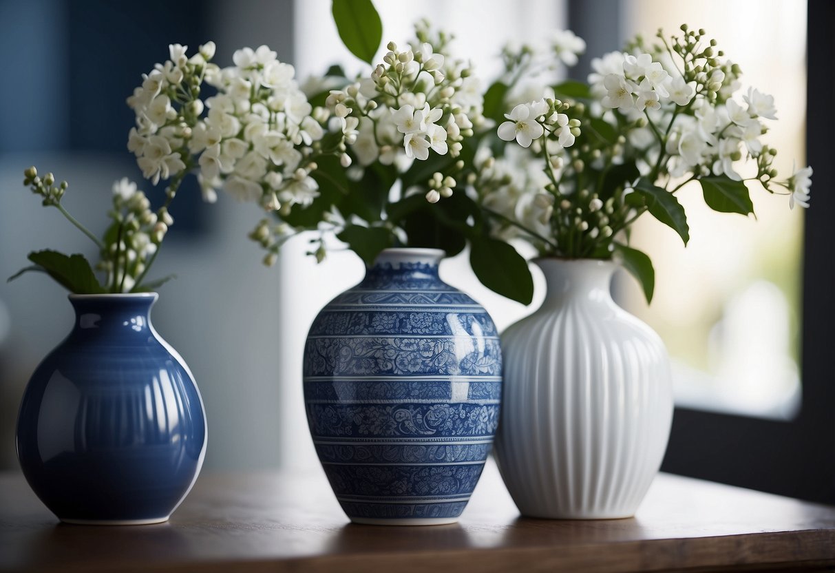 Three white ceramic vases arranged on a shelf, surrounded by blue and white home decor accents