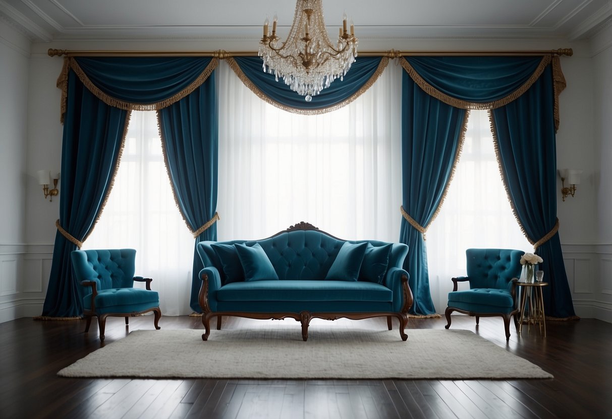 Ocean blue velvet curtains hang elegantly in a white room, adding a touch of luxury to the home decor