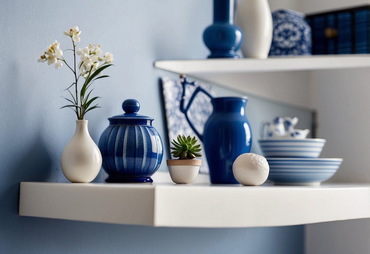 White floating shelves adorned with blue and white home decor items