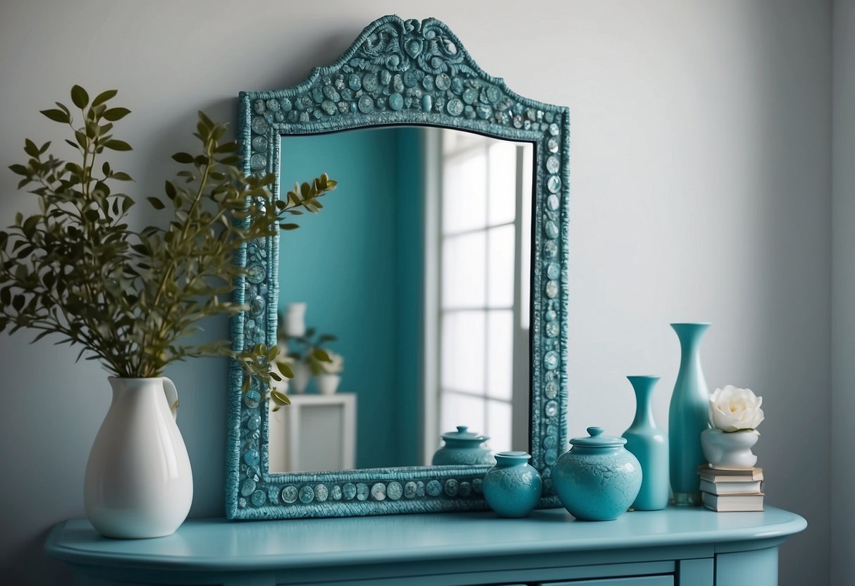 A turquoise decorative mirror hangs on a white wall, surrounded by blue and white home decor items