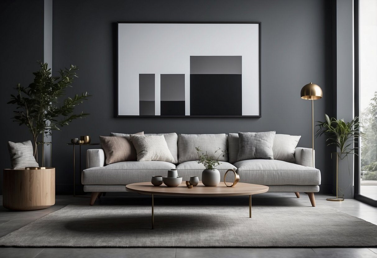 A modern living room with grey and white color scheme, featuring a sleek sofa, minimalist coffee table, and abstract wall art