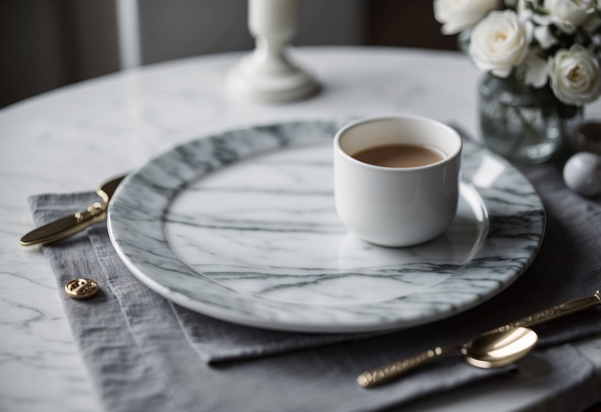 A marble table top adorned with grey and white home decor items