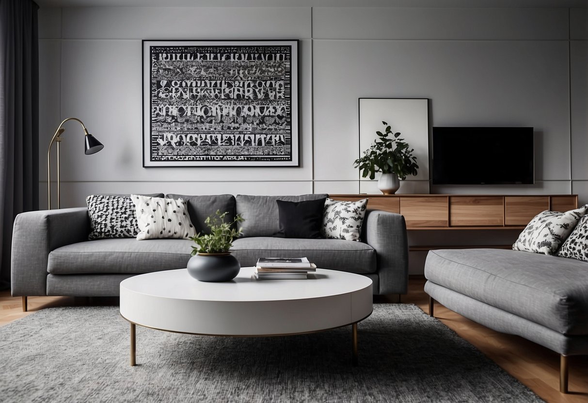 A modern living room with grey and white furniture, geometric patterns, and monochrome art prints on the walls