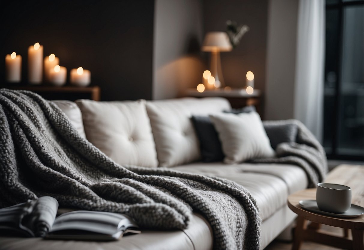 A cozy living room with grey woolen blankets draped over a plush sofa, complemented by white home decor accents