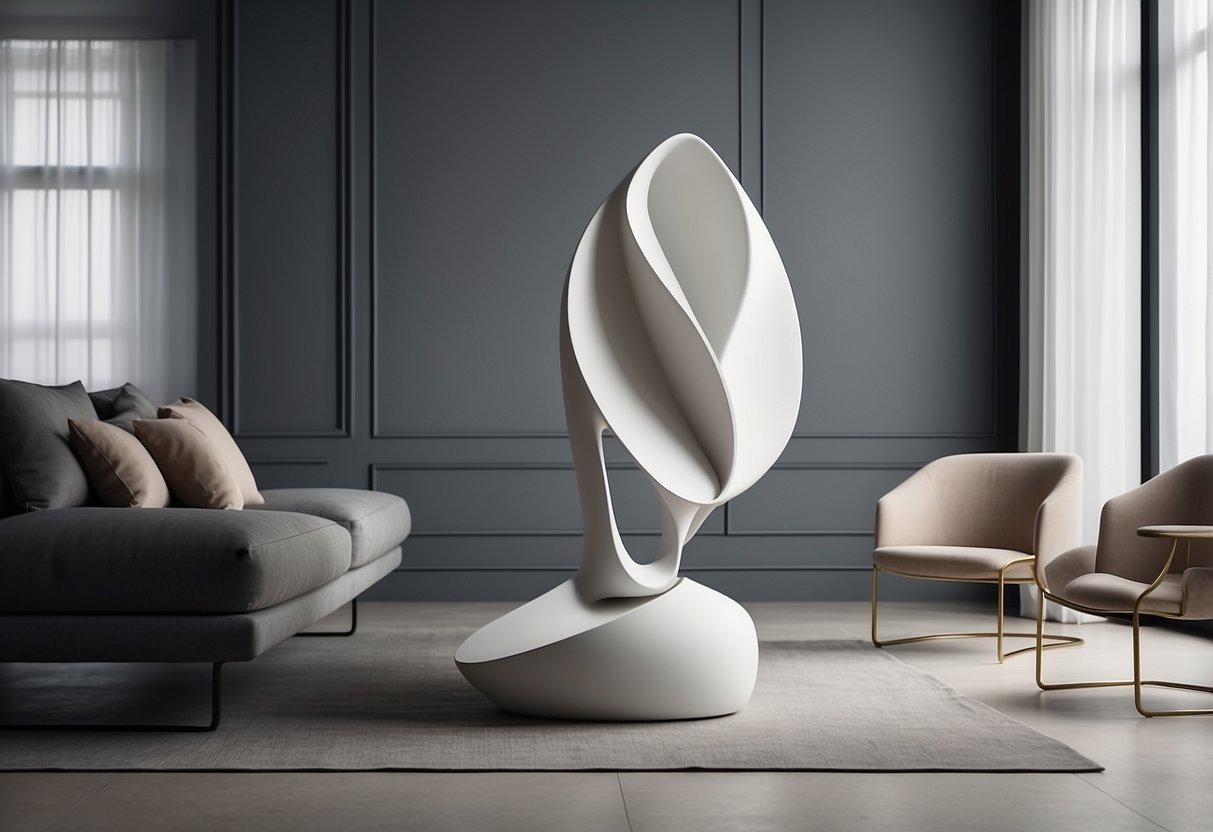 A white abstract sculpture sits on a sleek grey pedestal in a minimalist living room, surrounded by clean lines and neutral tones