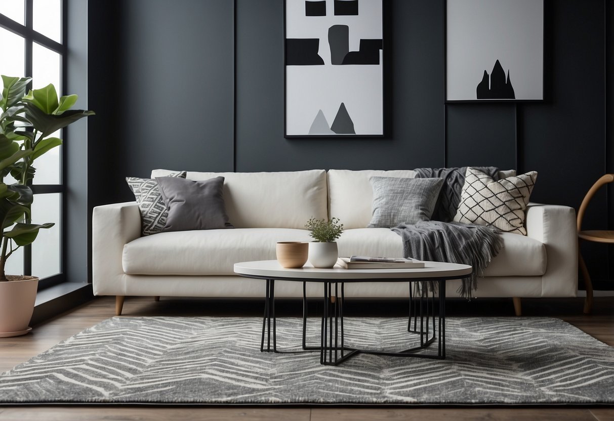 A living room with a chevron-patterned grey and white rug, paired with modern furniture and minimalist decor