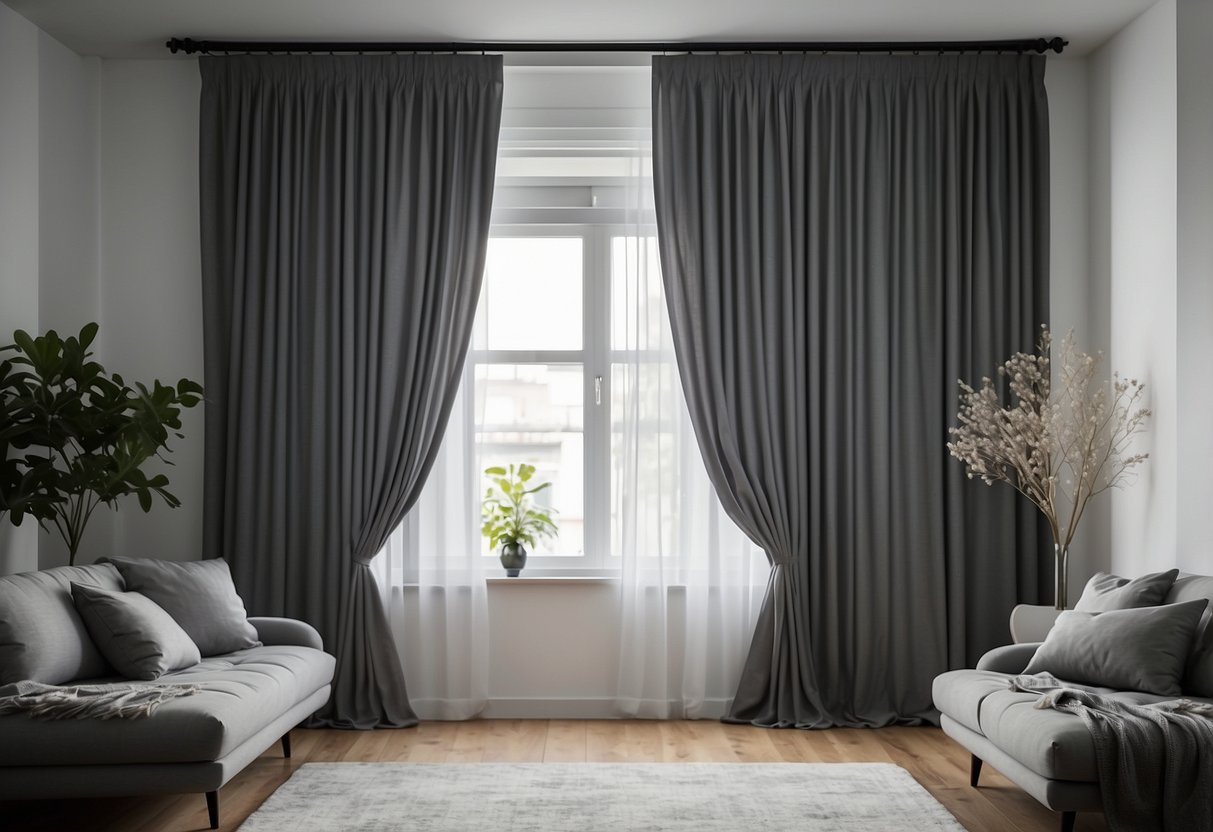 Silk grey curtains hang elegantly in a modern living room, complementing the white and grey home decor theme