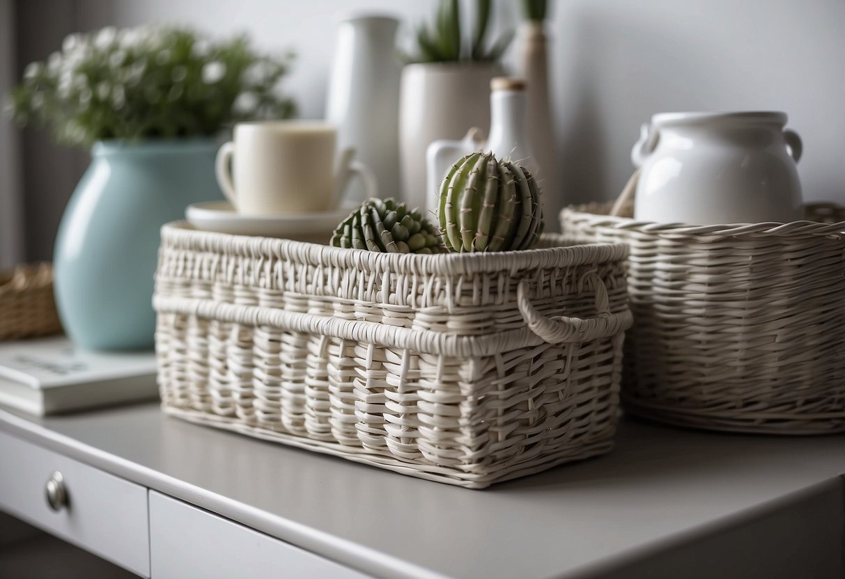 White wicker baskets sit on a grey and white shelf, surrounded by home decor items