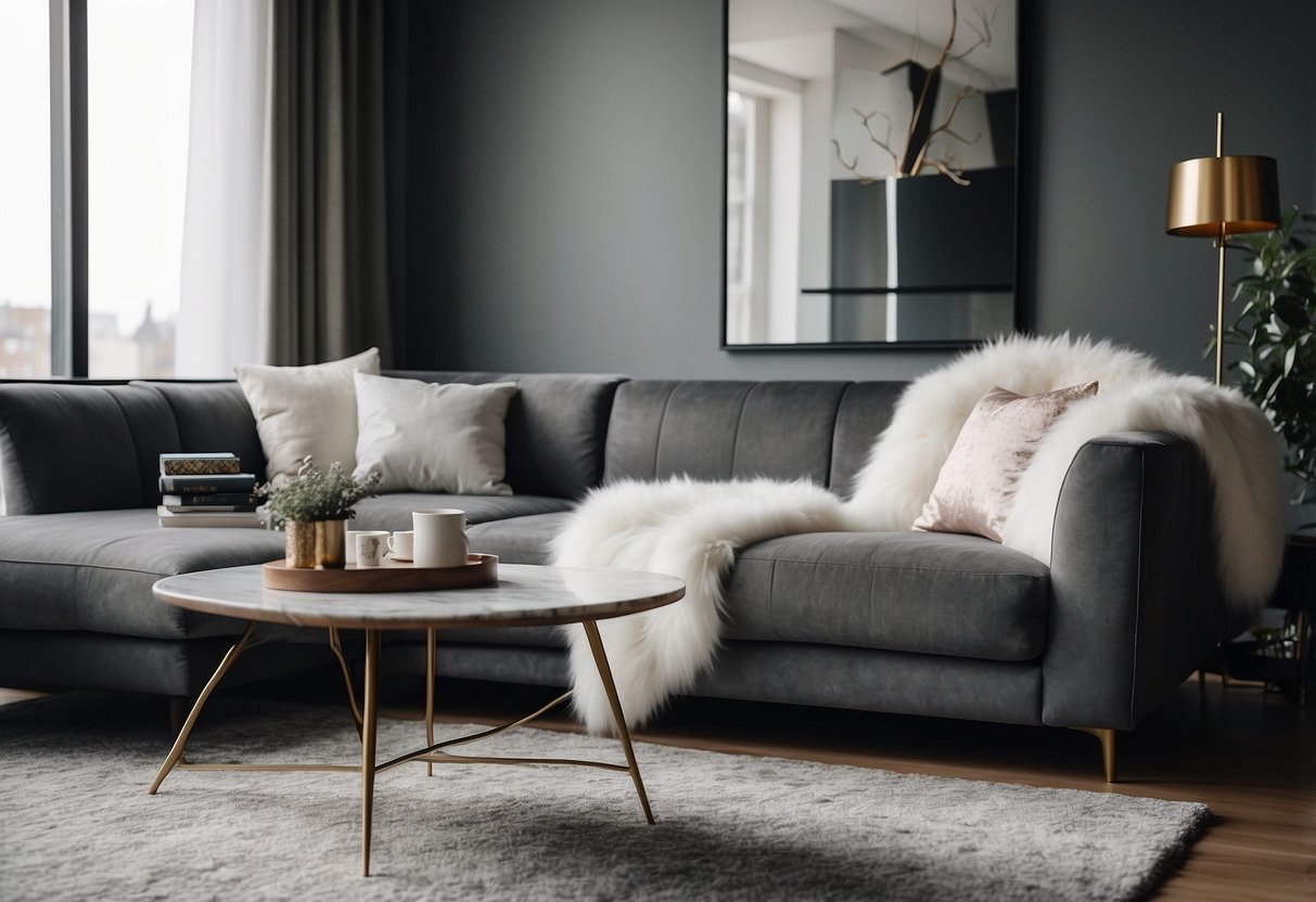 A cozy living room with a plush grey sofa, textured white throw pillows, and a fluffy white rug. A marble coffee table and a faux fur throw complete the modern, elegant decor