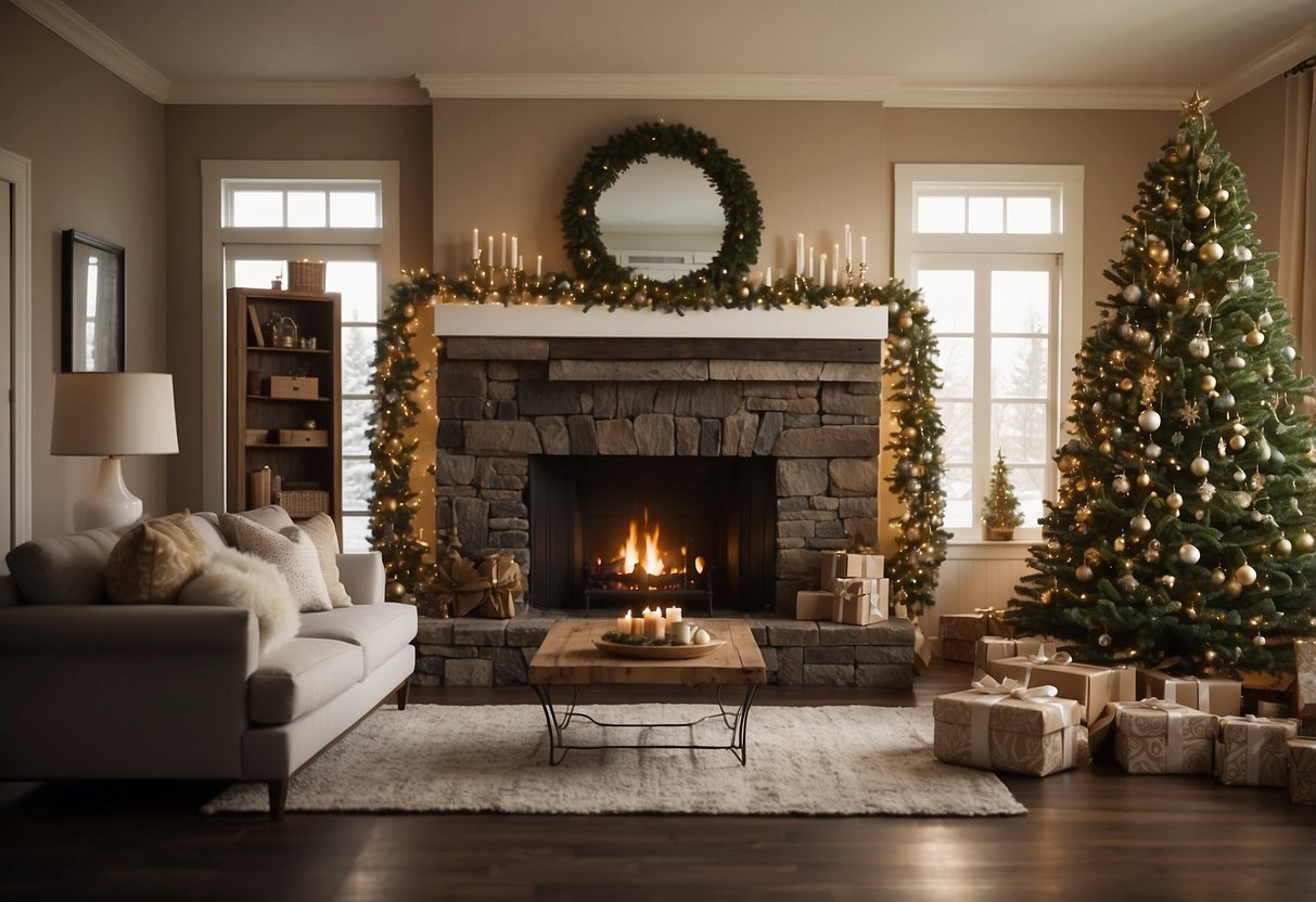 A cozy living room with a fireplace, adorned with festive wreaths and garlands. A beautifully decorated Christmas tree stands in the corner, surrounded by wrapped presents