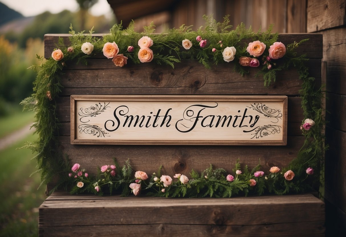 A wooden sign with "Smith Family" painted in cursive, surrounded by floral designs, hangs on a rustic wall