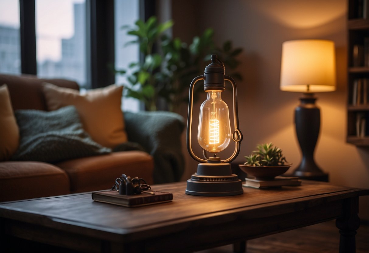 A cozy living room with a vintage Edison bulb table lamp as the focal point, casting a warm and inviting glow