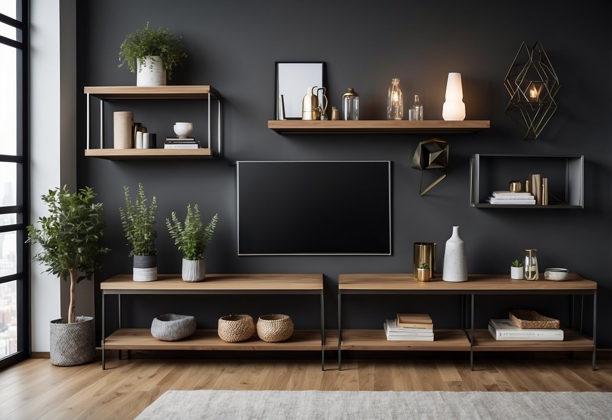 A modern living room with a sleek metal shelf set, displaying geometric decor and home accessories