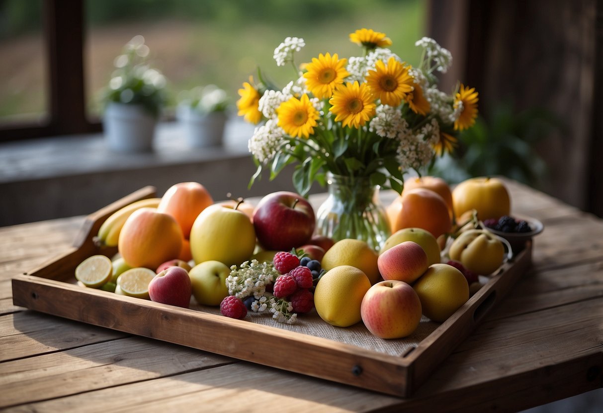 A rustic wooden serving tray sits on a farmhouse table, adorned with fresh fruits and a vase of flowers