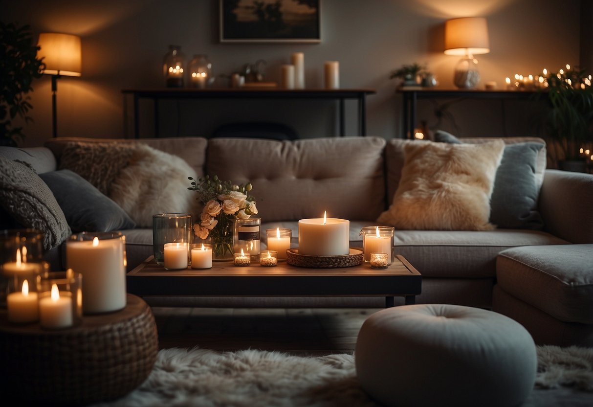 A cozy living room with a coffee table adorned with customizable scented candles, surrounded by plush furniture and warm lighting