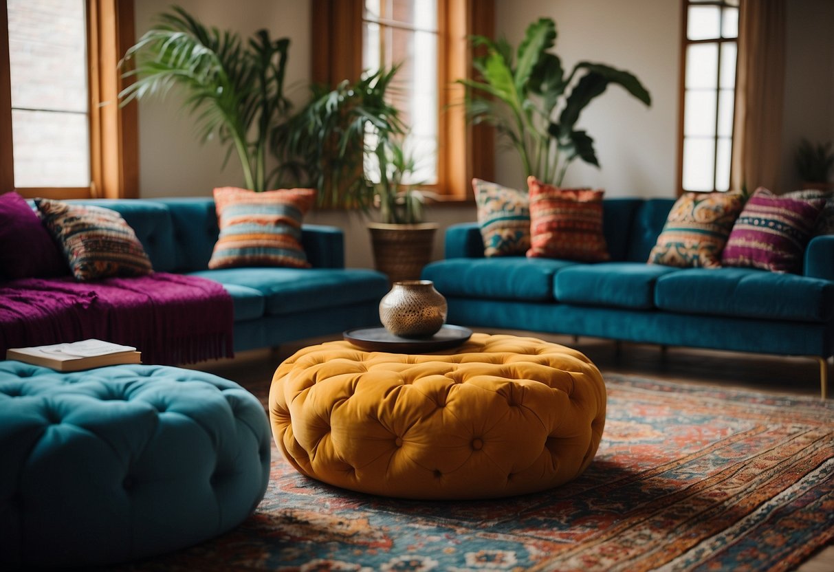 A cozy living room with a colorful Moroccan pouf ottoman as the focal point, surrounded by vibrant rugs and exotic decor