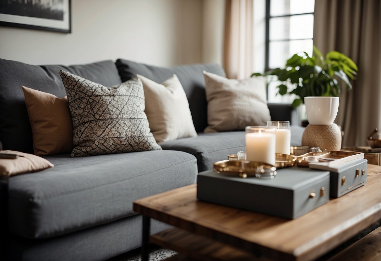 A cozy living room with a variety of stylish home decor items such as decorative pillows, unique vases, and elegant wall art