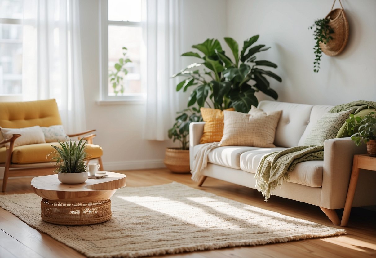 A bright, airy living room with white curtains, green plants, and colorful throw pillows on a comfortable sofa. A woven rug and natural wood accents complete the summer decor