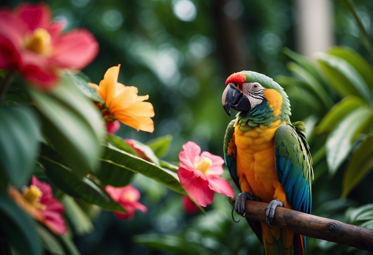 A vibrant tropical parrot perched on a lush green branch, surrounded by colorful exotic flowers and foliage