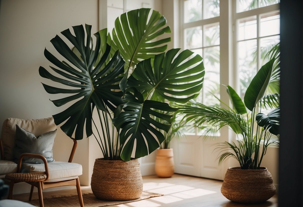 A palm leaf wall art decorates a bright, airy room, bringing a tropical vibe to the summer home