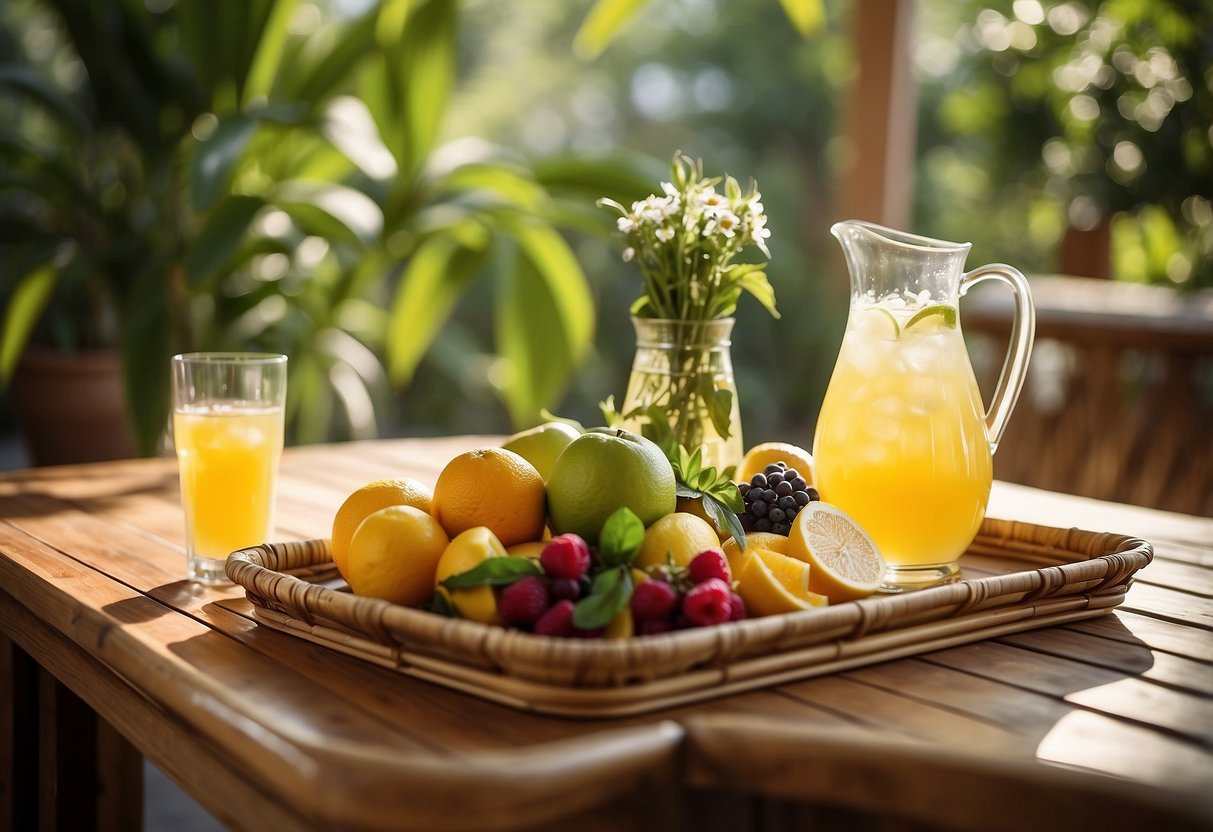 A bamboo serving tray adorned with fresh fruits, flowers, and a pitcher of lemonade, set against a backdrop of a sunny patio with lush greenery