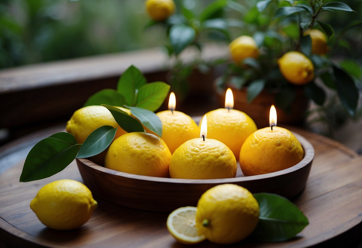 Citrus-scented candles arranged on a wooden tray, surrounded by vibrant green foliage and a bowl of fresh lemons