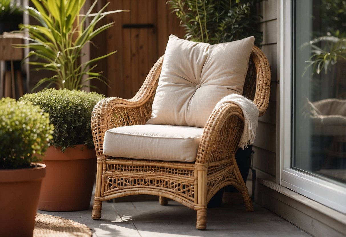 A rattan chair sits on a sunlit porch, surrounded by potted plants and a woven rug. The chair is adorned with a cozy throw pillow, creating a welcoming and relaxed atmosphere