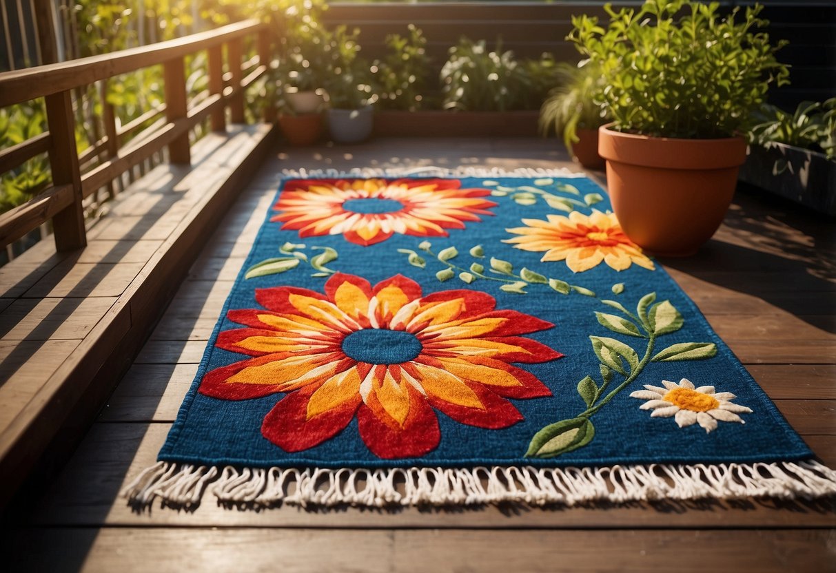 A vibrant floral outdoor rug lies on a wooden deck, surrounded by potted plants and basking in the warm sunlight