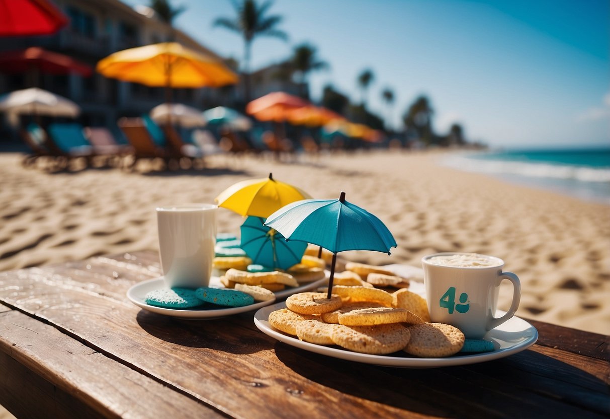 A sandy beach with colorful umbrellas, palm trees, and waves crashing onto the shore. Beach-themed coasters sit on a wooden table, adding a touch of summer to the home decor