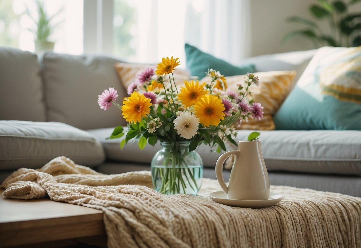 A bright, airy living room with colorful throw pillows and lightweight, flowy curtains. A woven straw rug and a vase of fresh flowers add a summery touch