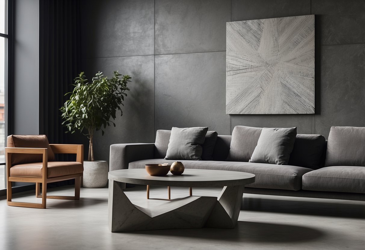 A modern living room with concrete planters, a sleek concrete coffee table, and geometric concrete wall art