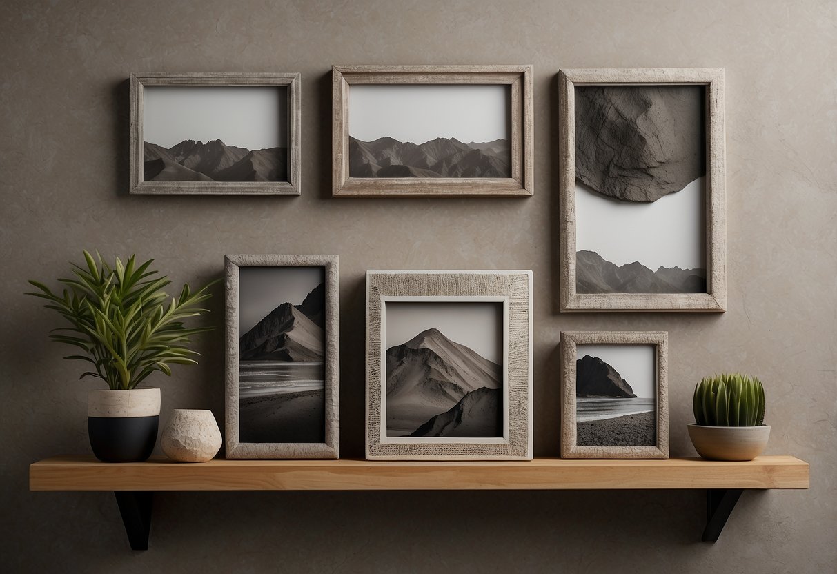 A collection of textured cement picture frames arranged on a rustic wooden shelf against a neutral wall