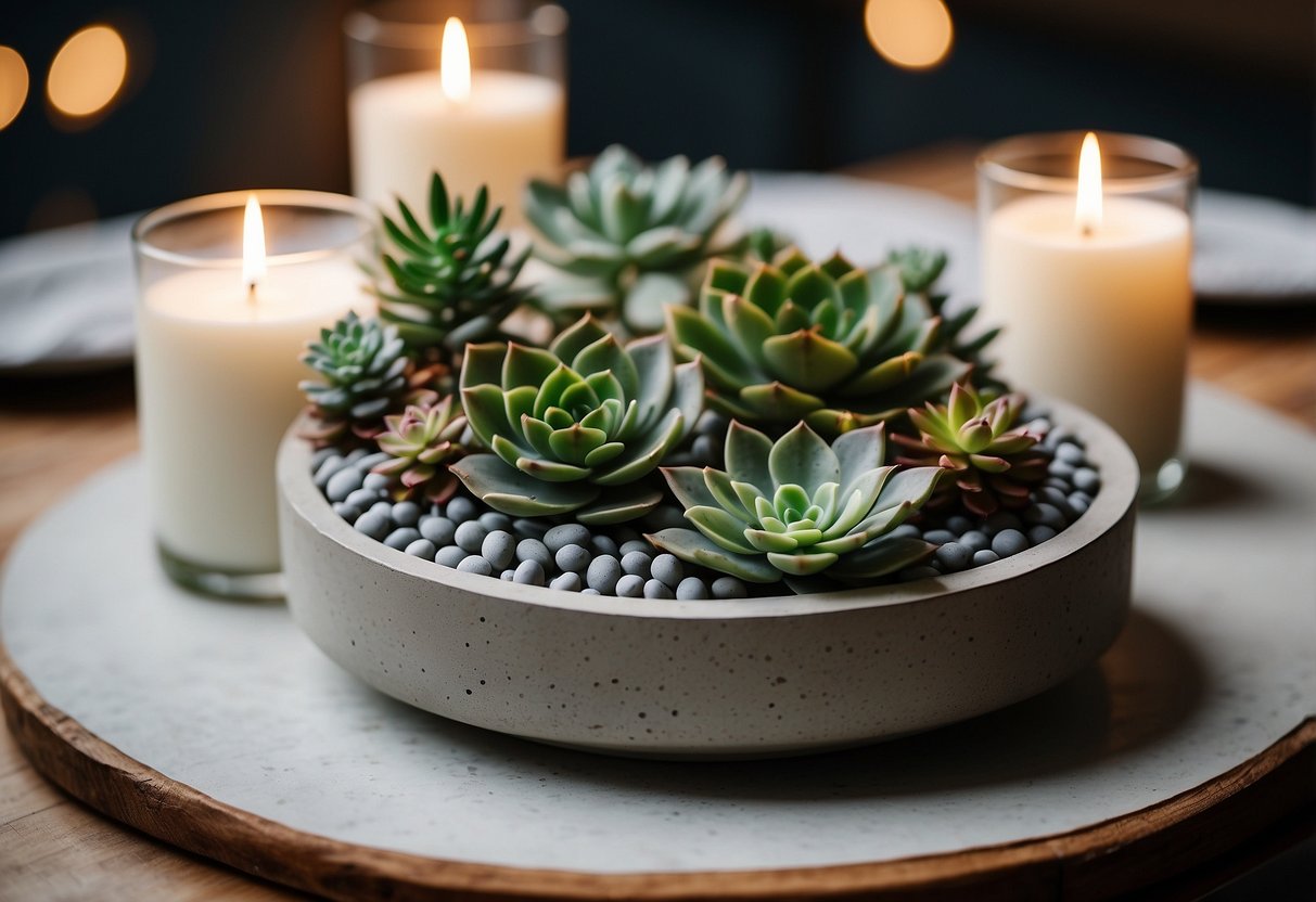 A cement table centerpiece with succulents and candles, surrounded by modern home decor items