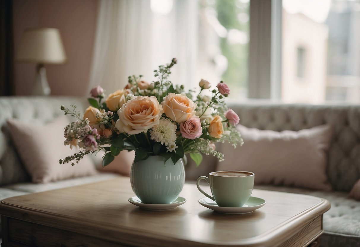 A cozy living room with soft pastel colors, floral patterns, and vintage furniture. Delicate lace curtains frame the window, and a bouquet of fresh flowers sits on the coffee table