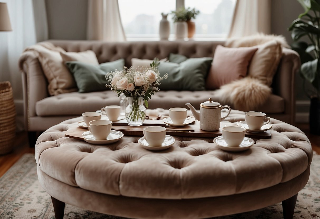 A plush velvet tufted ottoman sits in a cozy corner, adorned with soft throw pillows and a delicate tray of tea cups. Feminine accents and floral decor complete the inviting space