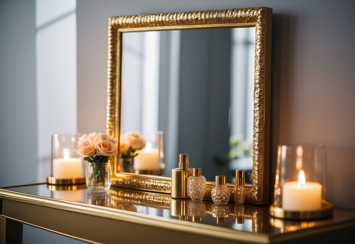 A gold accent mirror hangs above a vanity table, reflecting the soft, feminine decor of the room