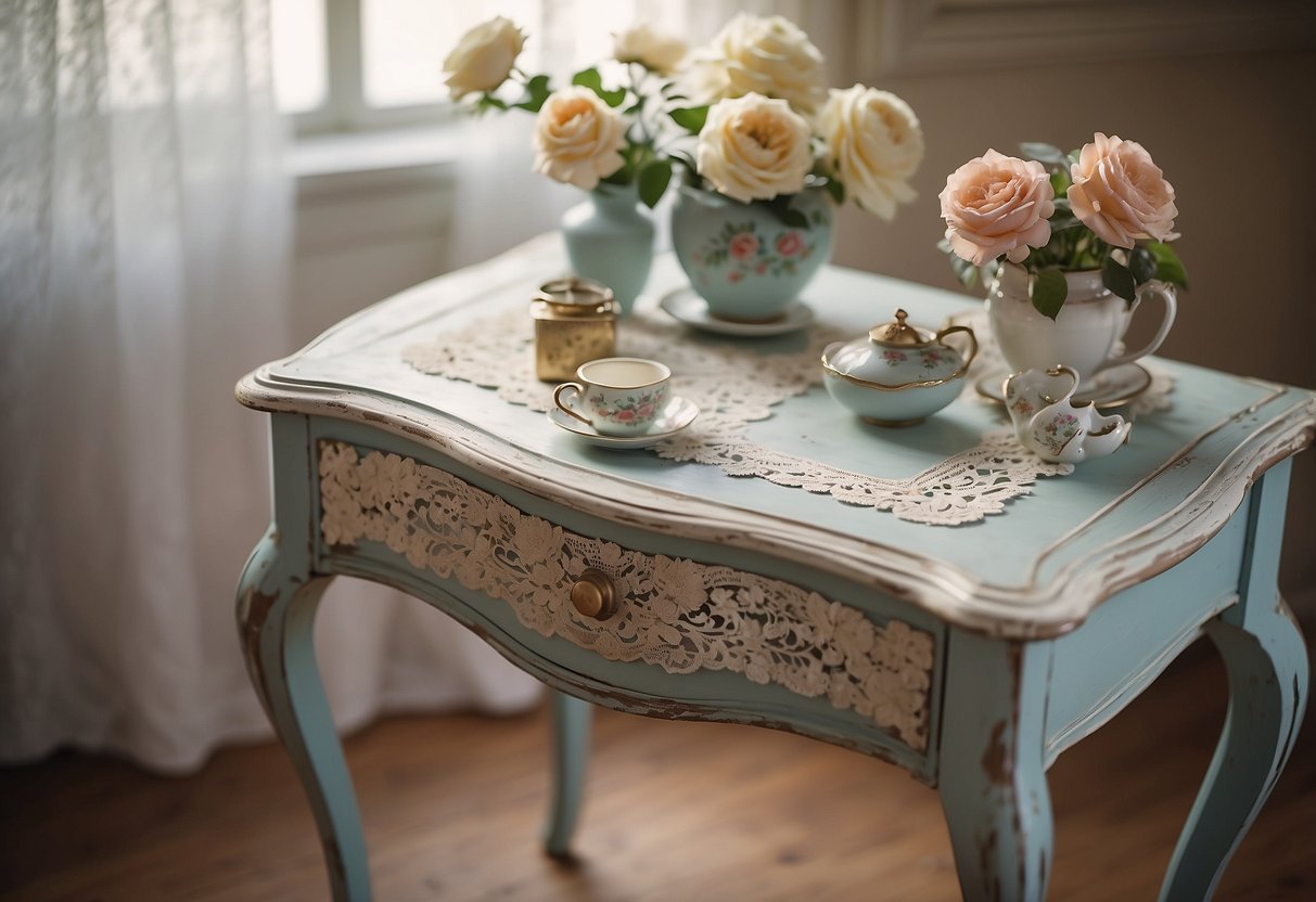 A shabby chic side table with floral accents and distressed paint, adorned with vintage trinkets and a lace doily