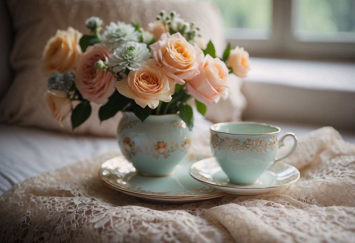 A floral ceramic vase sits on a lace doily, surrounded by soft pastel pillows and a delicate teacup