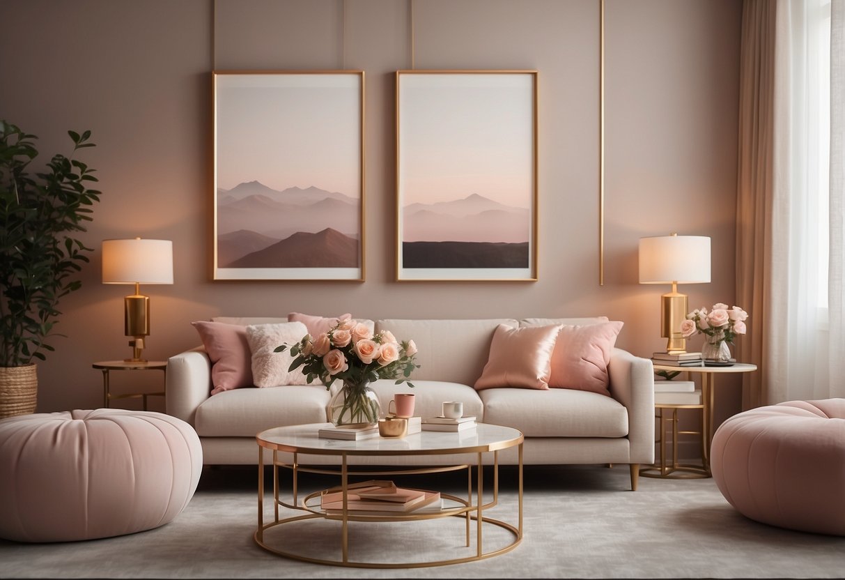 A cozy living room with a soft color palette and elegant rose gold picture frames adorning the walls, creating a feminine and stylish home decor