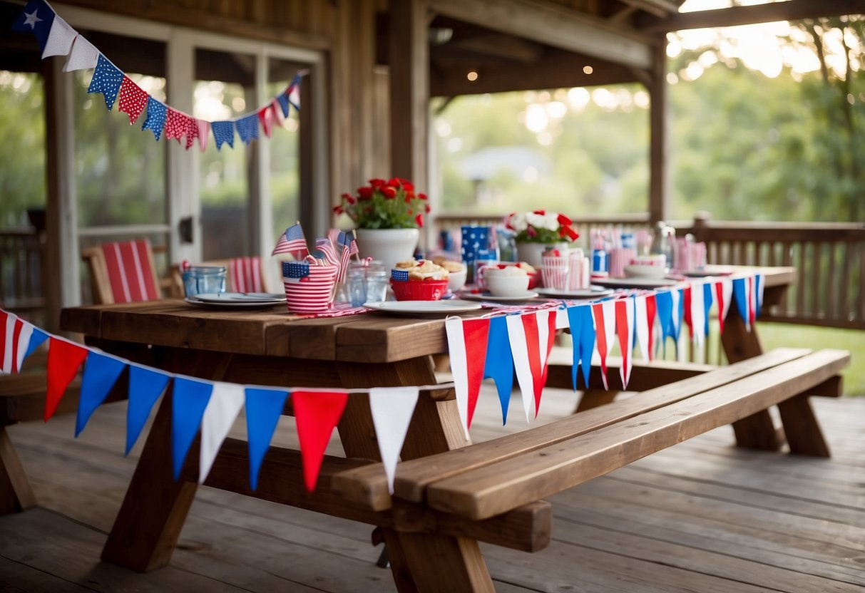 A backyard picnic table adorned with red, white, and blue bunting, string lights, and patriotic centerpieces. A banner with stars and stripes hangs from the porch railing