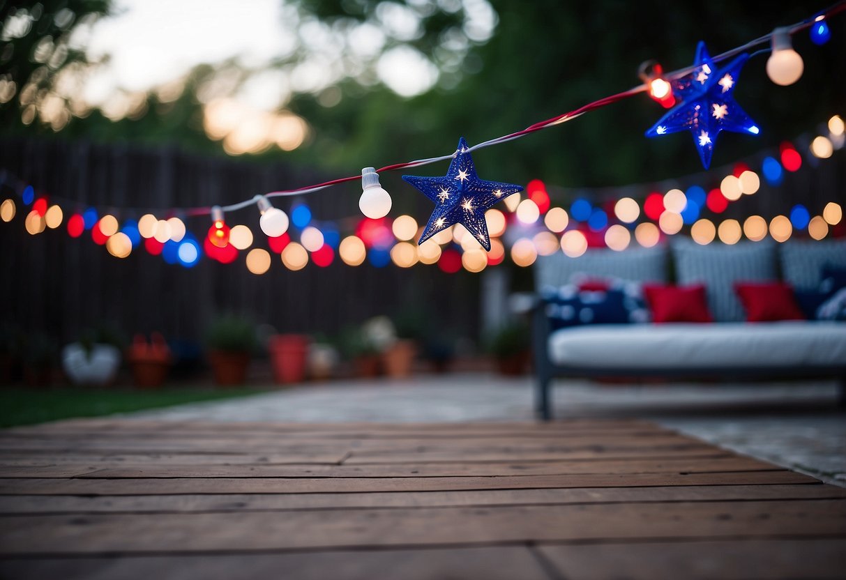 A backyard patio adorned with red, white, and blue star string lights, creating a patriotic ambiance for Fourth of July home decor