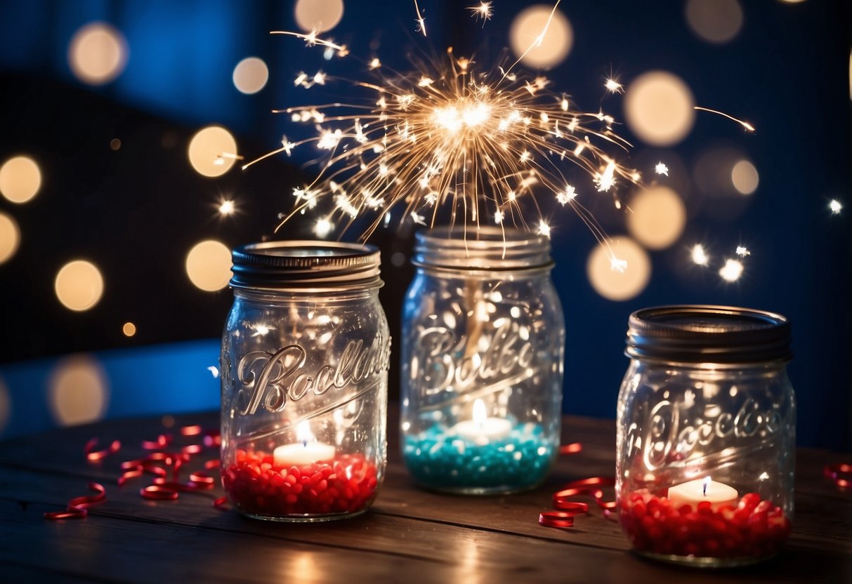 A table set with mason jars filled with sparklers, red, white, and blue ribbons, and festive confetti scattered around