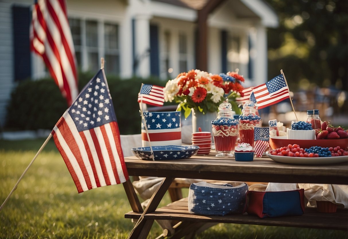 A festive Fourth of July scene with vintage posters, American flags, and patriotic home decor