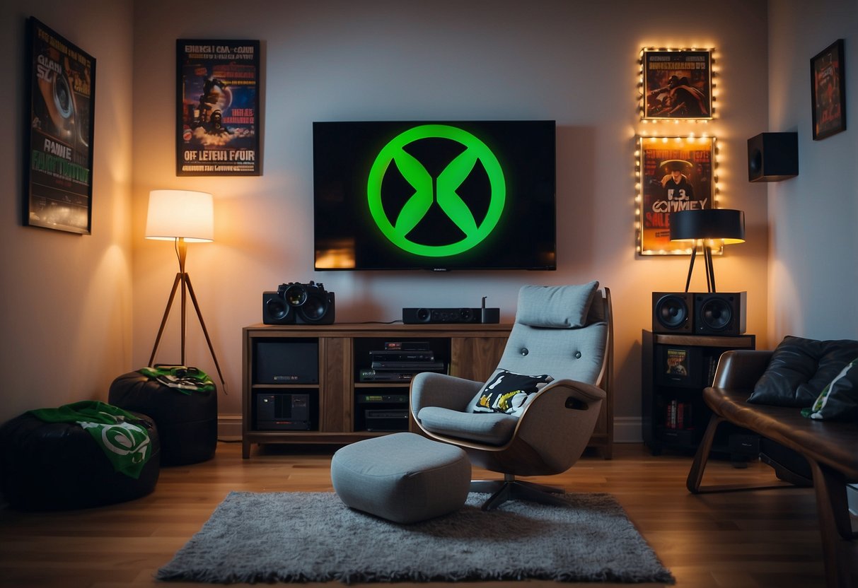 The room is adorned with Xbox-themed decor: controller-shaped shelves, LED strip lights, and framed game posters. A cozy gaming chair sits in front of the TV, surrounded by game-themed throw pillows