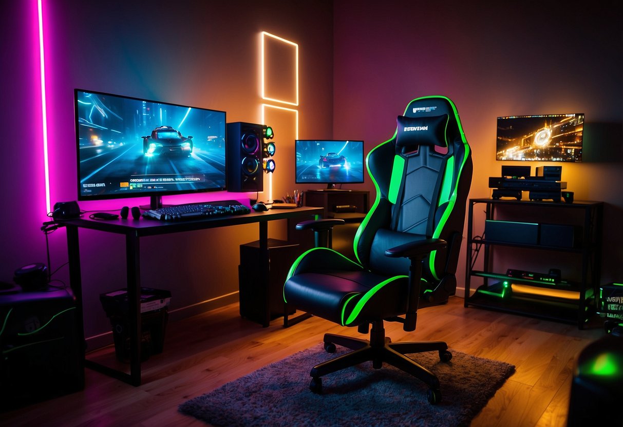 A gaming chair sits in a room with Xbox-themed decor, including posters, shelves of games, and neon lights