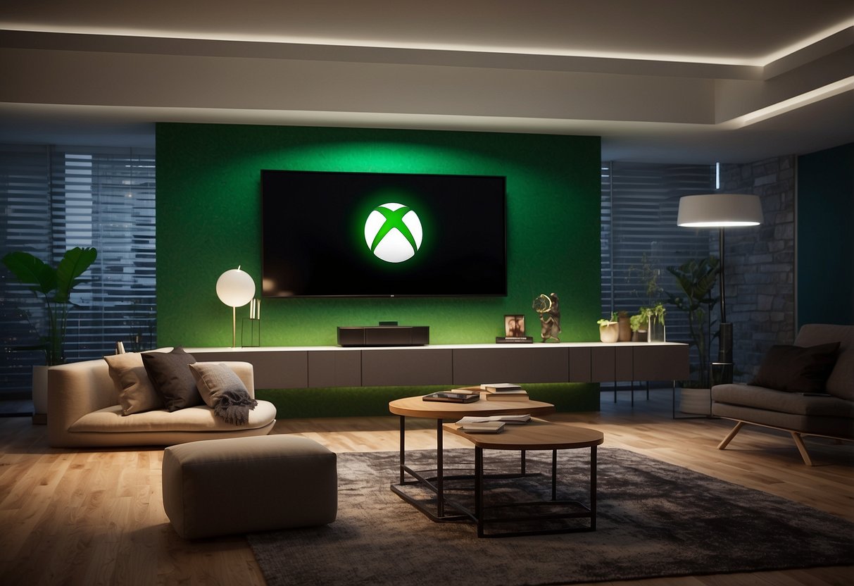 A large Xbox logo wall decal adorns the room, surrounded by gaming memorabilia and colorful decor