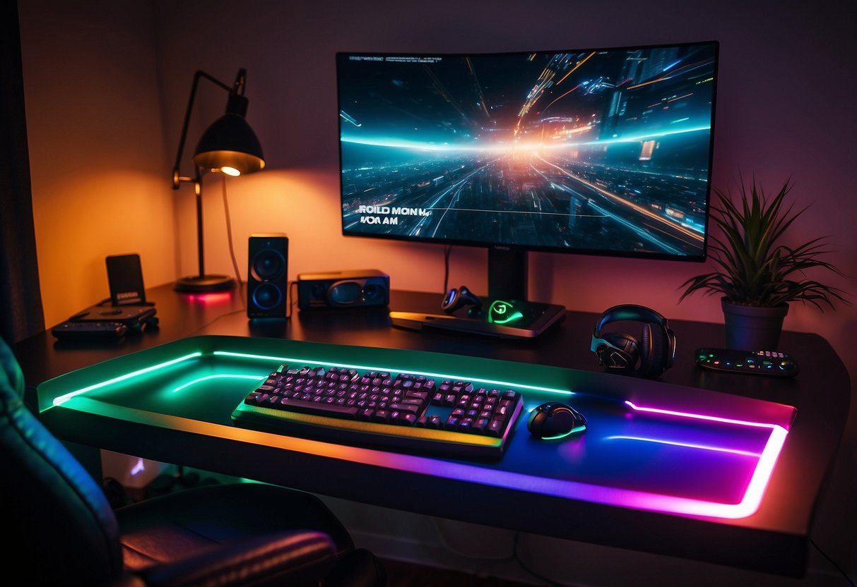 A gaming desk with RGB lighting, an Xbox console, and room decor ideas