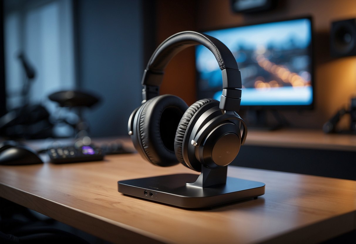 A sleek headset stand sits on a clean desk in a modern Xbox gaming room, surrounded by minimalist decor and ambient lighting