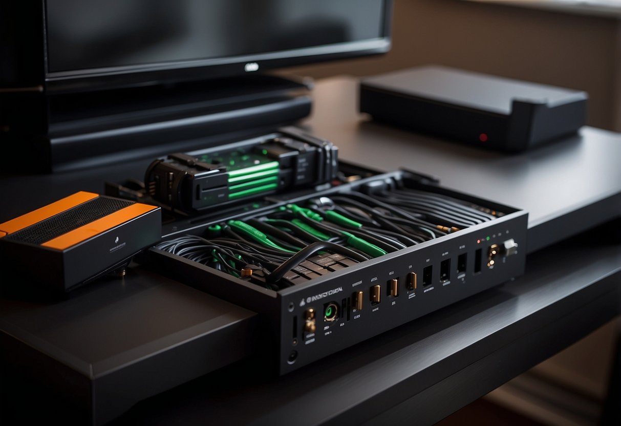 A neatly organized cable management kit sits next to an Xbox console, with neatly arranged cables and clips, adding to the sleek and tidy look of the room